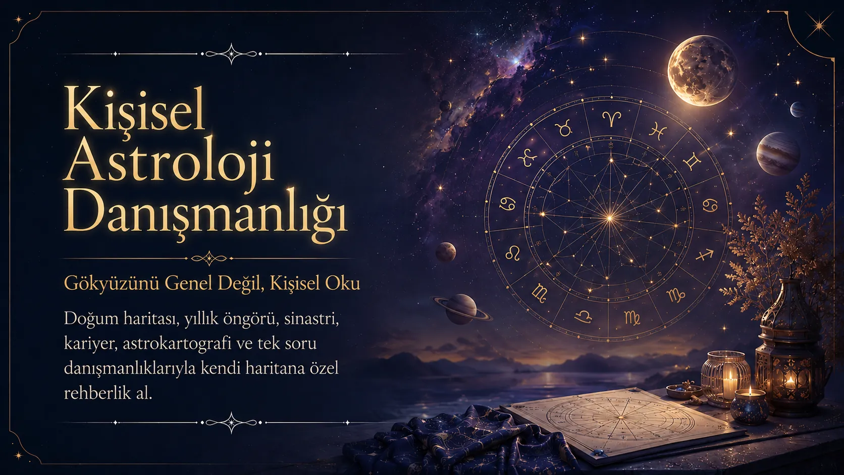 Kişisel astroloji danışmanlığı: doğum haritası, yıllık öngörü, sinastri, kariyer, astrokartografi ve tek soru danışmanlıkları